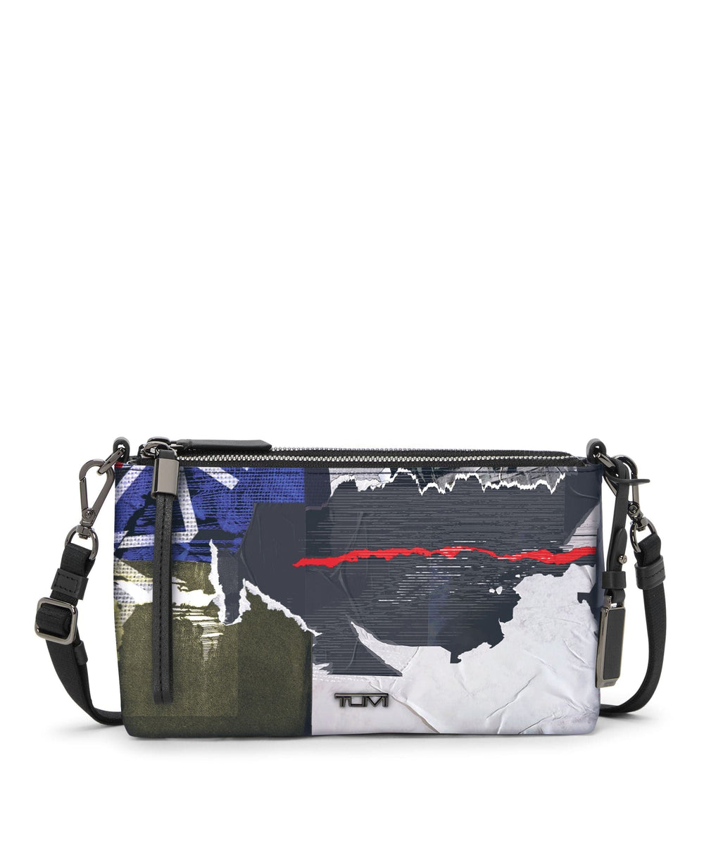 Multicolored handbag with a visible brand logo on a white background